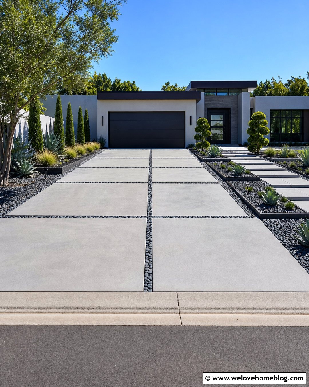 Modern Concrete Driveway With River Rock Bands - 35 Beautiful Driveways Ideas