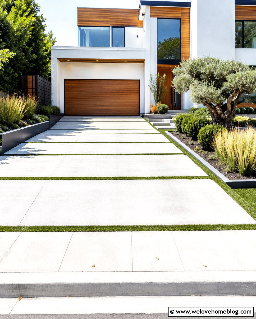 Modern Concrete Front Yard With Grass Strips - 20 Front Yard With Driveway Ideas