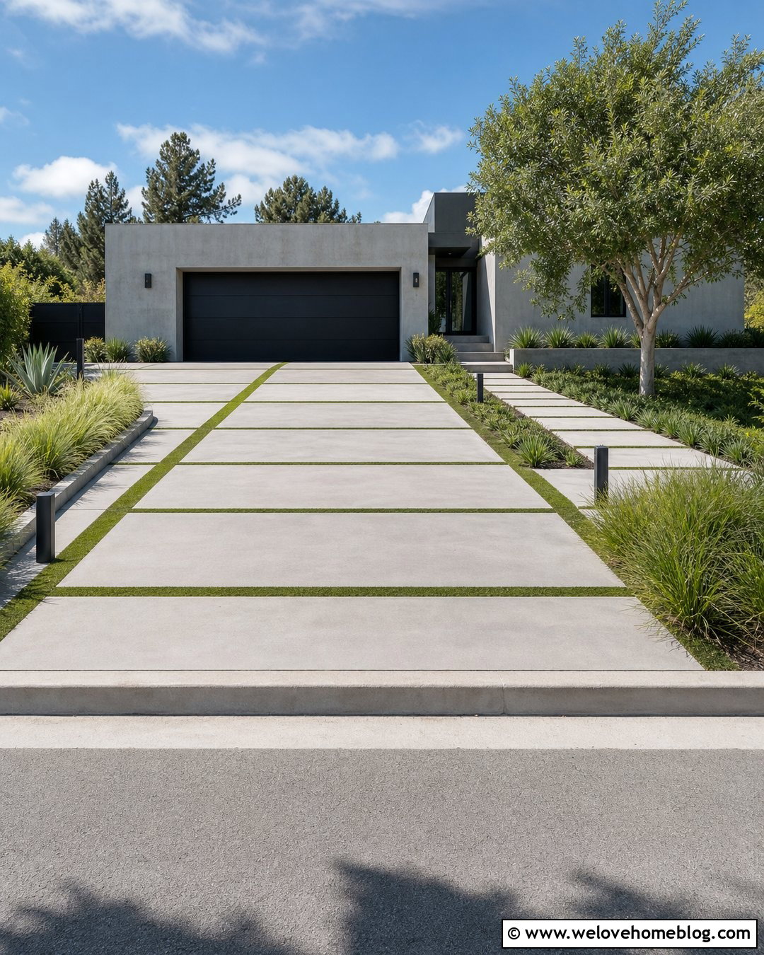Modern Concrete Luxury Driveway With Grass Strips - 45 Luxury Driveway Ideas