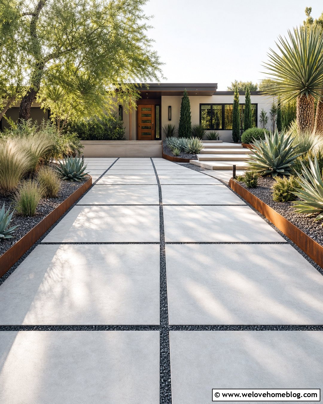 Modern Concrete Paver Driveway With Gravel Joints - 30 front yard driveway ideas