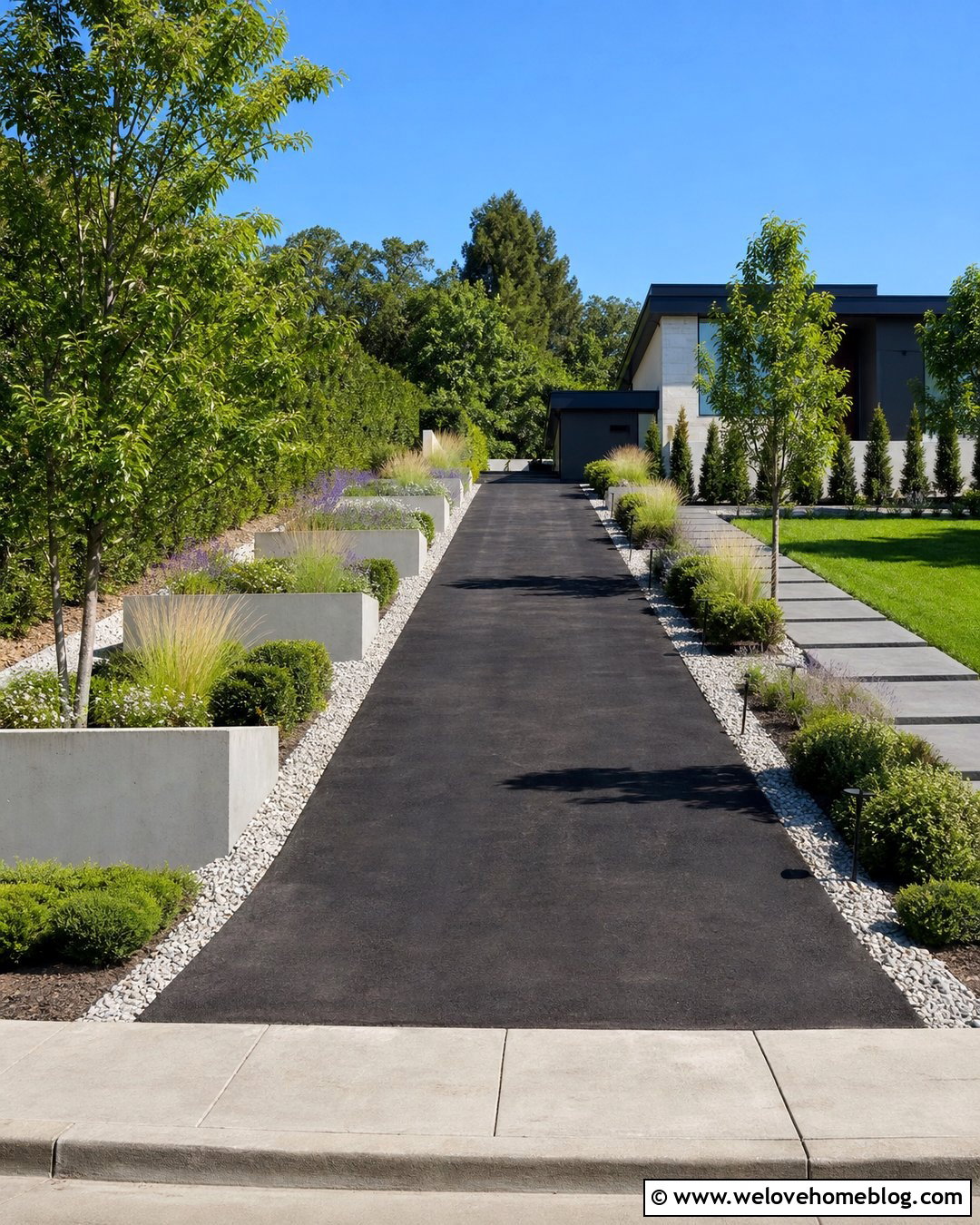 Modern Concrete Planters Along an Asphalt Driveway - 20 Planter For Sloped Driveway Ideas