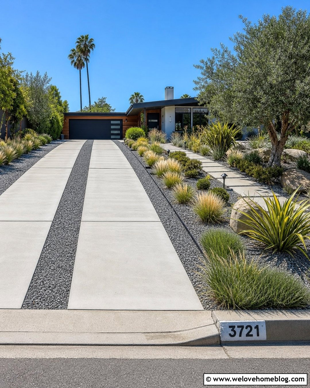 Modern Concrete Ribbon Driveway With Gravel - 20 Adding Driveway To Front Yard Ideas