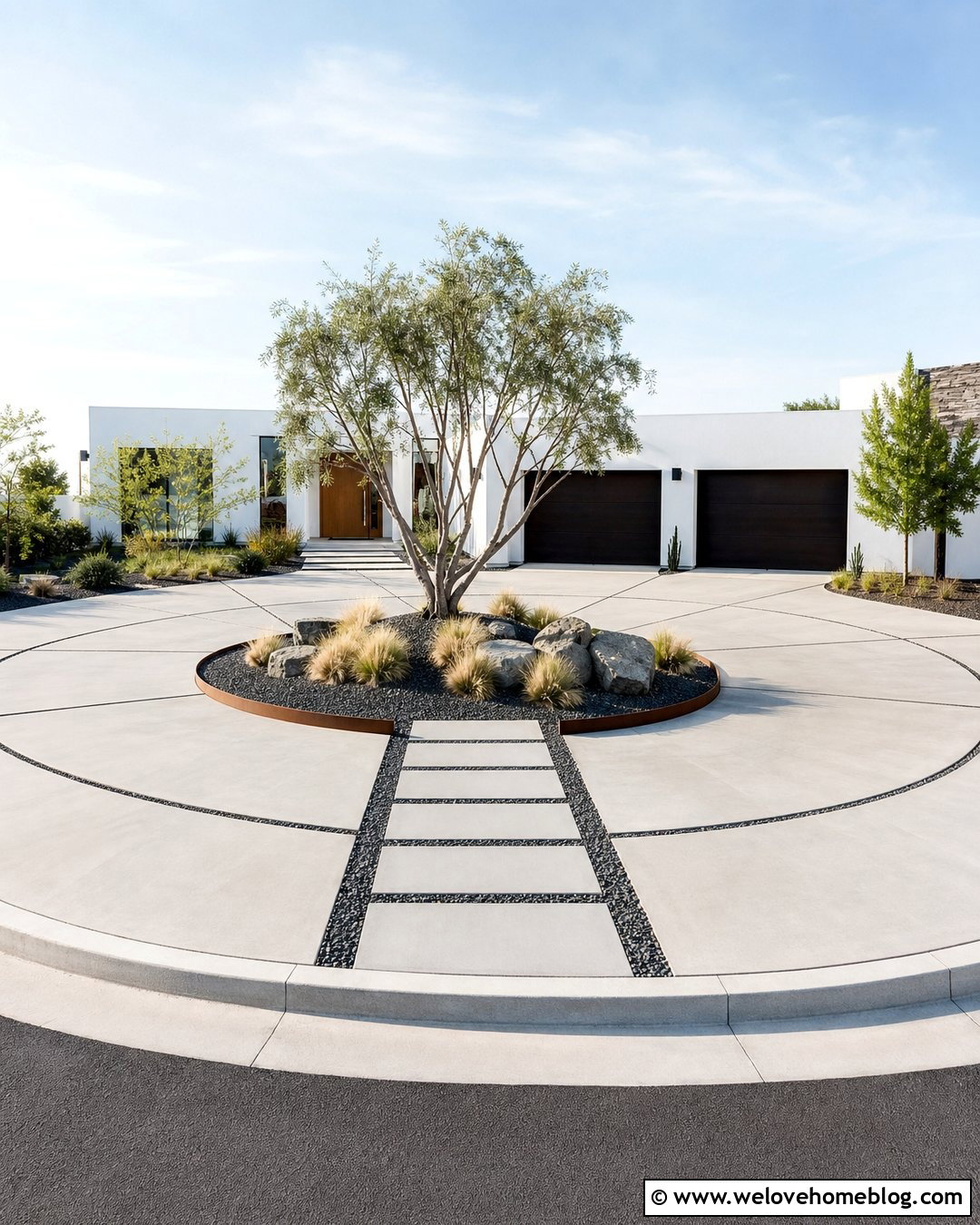 Modern Concrete Roundabout Driveway With Gravel Strips - 20 roundabout driveway design ideas