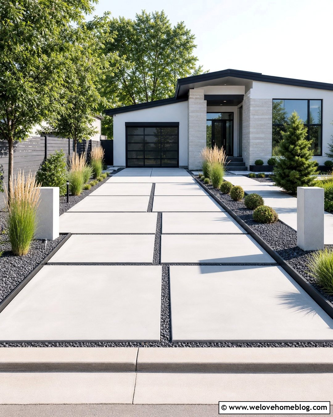 Modern Concrete Slab Driveway With Gravel Joints - 20 Driveway Renovation Ideas
