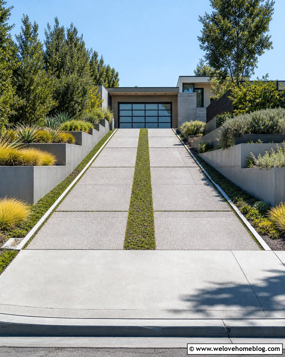 Modern Concrete Uphill Driveway With Grass Strips - 25 Uphill Driveway Ideas