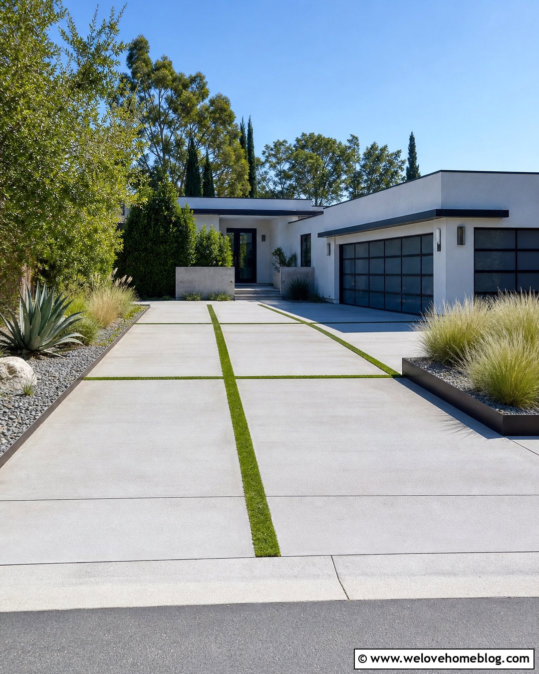 Modern Double Concrete Driveway With Grass Strips - 30 Double Driveway Ideas