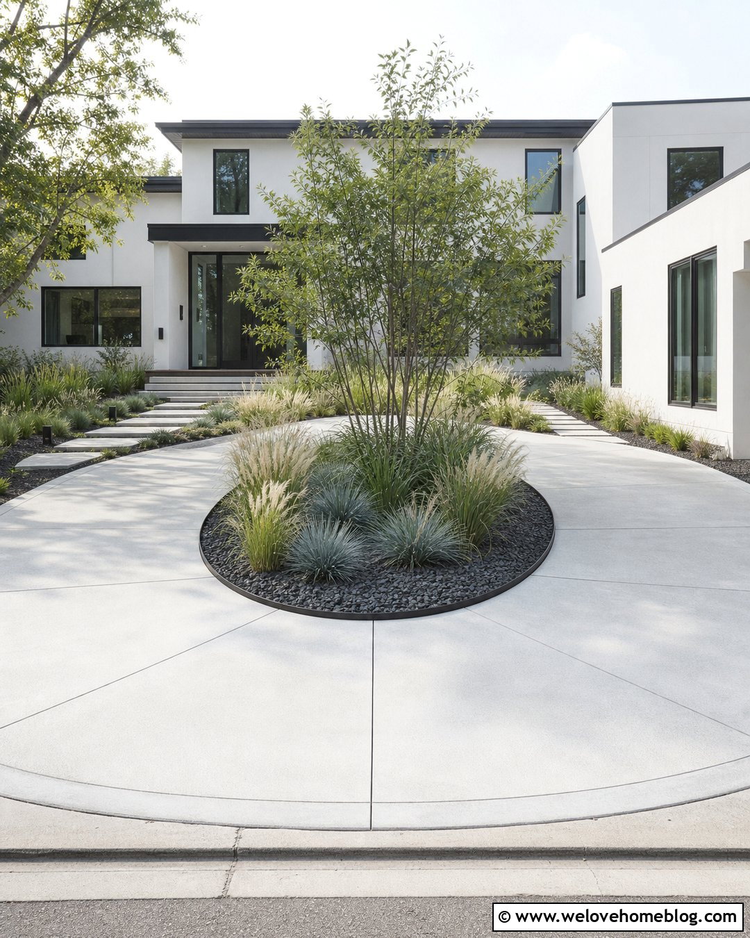 Modern Driveway Center Island With Ornamental Grasses - 20 Driveway Center Island Ideas