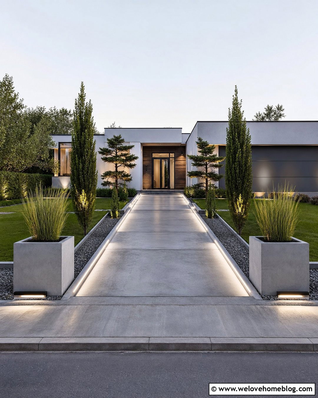 Modern Driveway Entrance With Concrete Planters - 50 driveway entrance landscaping ideas