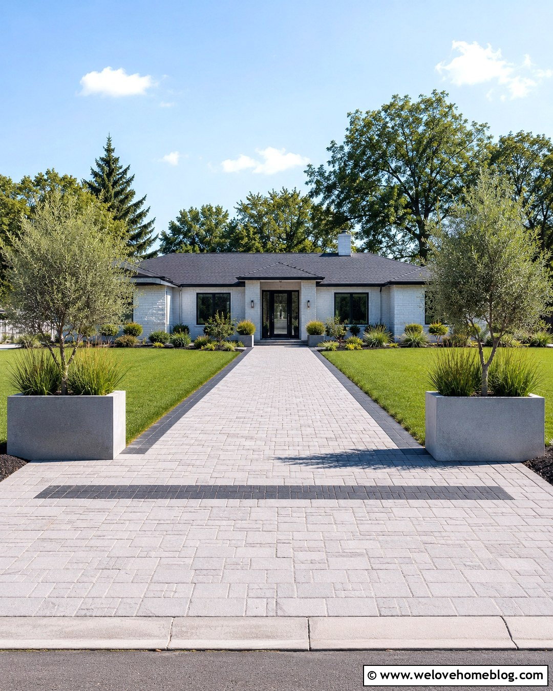 Modern Driveway Entrance With Concrete Planters - 20 Front Driveway Entrance Modern Ideas