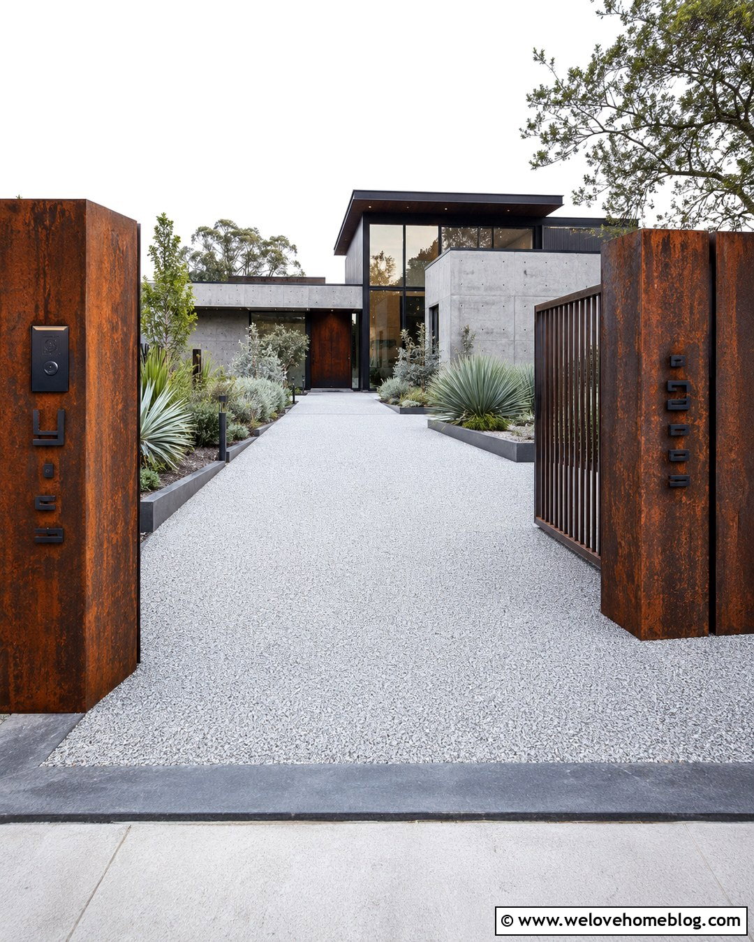Modern Driveway Entrance With Corten Steel Panels - 20 Modern Driveway Design Entrance Ideas