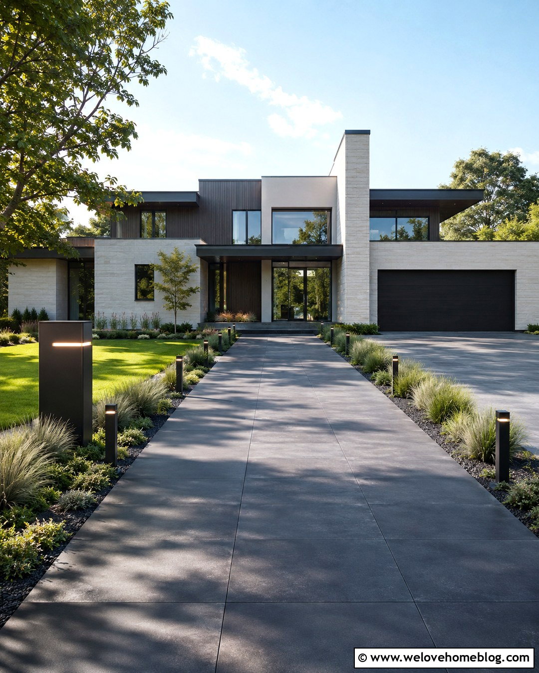 Modern Driveway Entrance With Lighted Bollards - 20 Modern Driveway Design Entrance Ideas