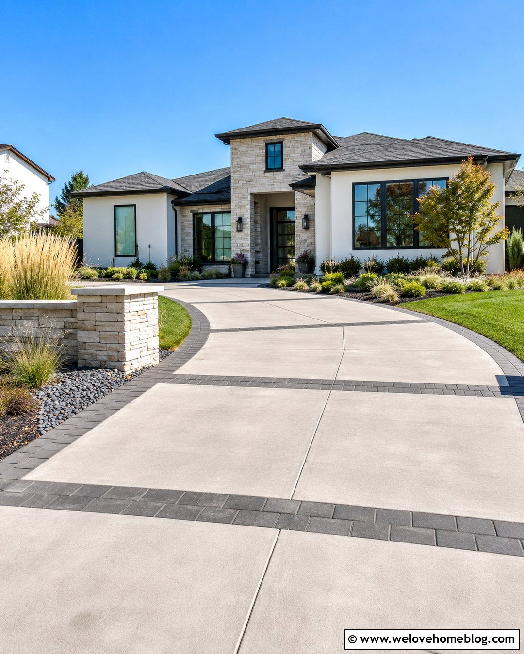 Modern Driveway Entrance With Mixed Materials - 20 Modern Driveway Design Entrance Ideas