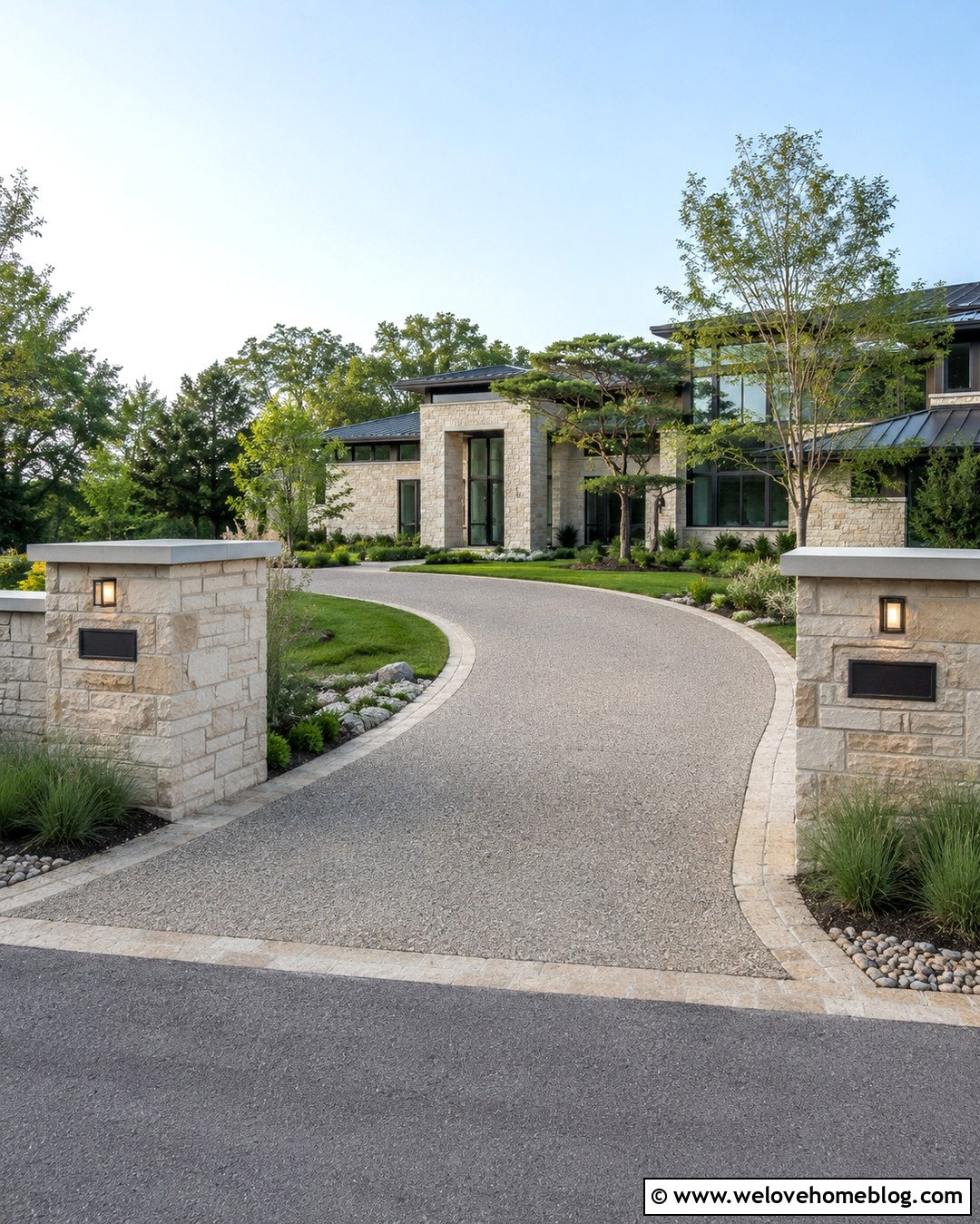 Modern Driveway Entrance With Natural Stone Walls - 20 Front Driveway Entrance Modern Ideas