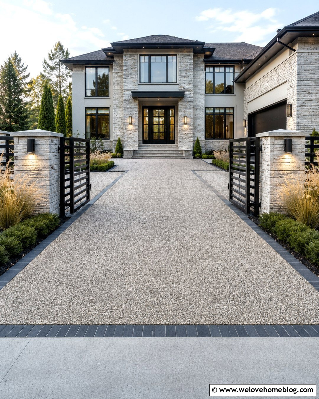 Modern Driveway Entrance With Stone Pillars - 20 Modern Driveway Design Entrance Ideas