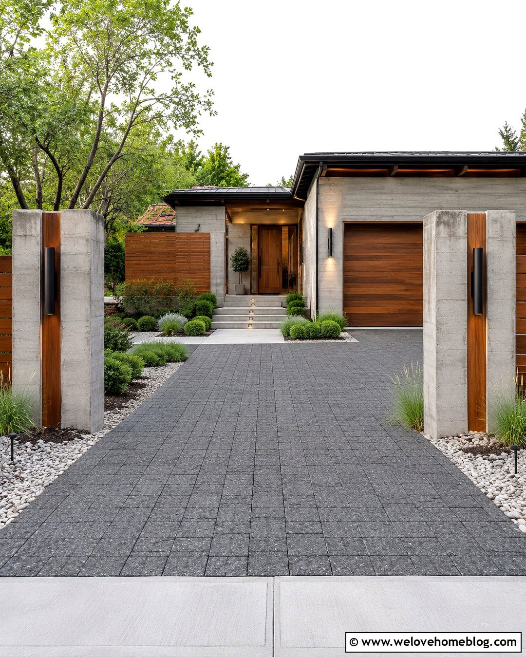 Modern Driveway Entrance With Wood And Concrete Pillars - 20 Front Driveway Entrance Modern Ideas