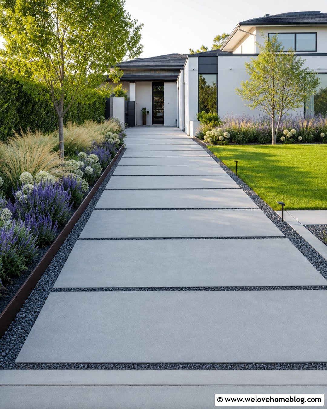 Modern Driveway Flower Bed With Ornamental Grasses - 30 Driveway Flower Bed Ideas