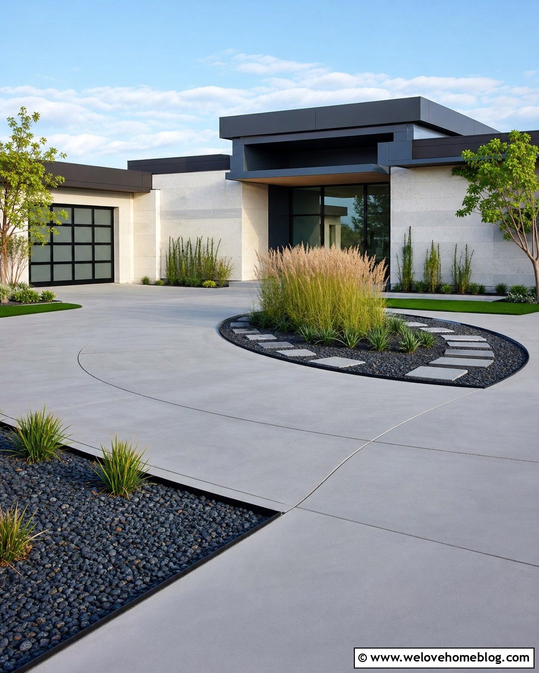 Modern Driveway Island With Ornamental Grass - 25 Driveway Island Landscaping Ideas