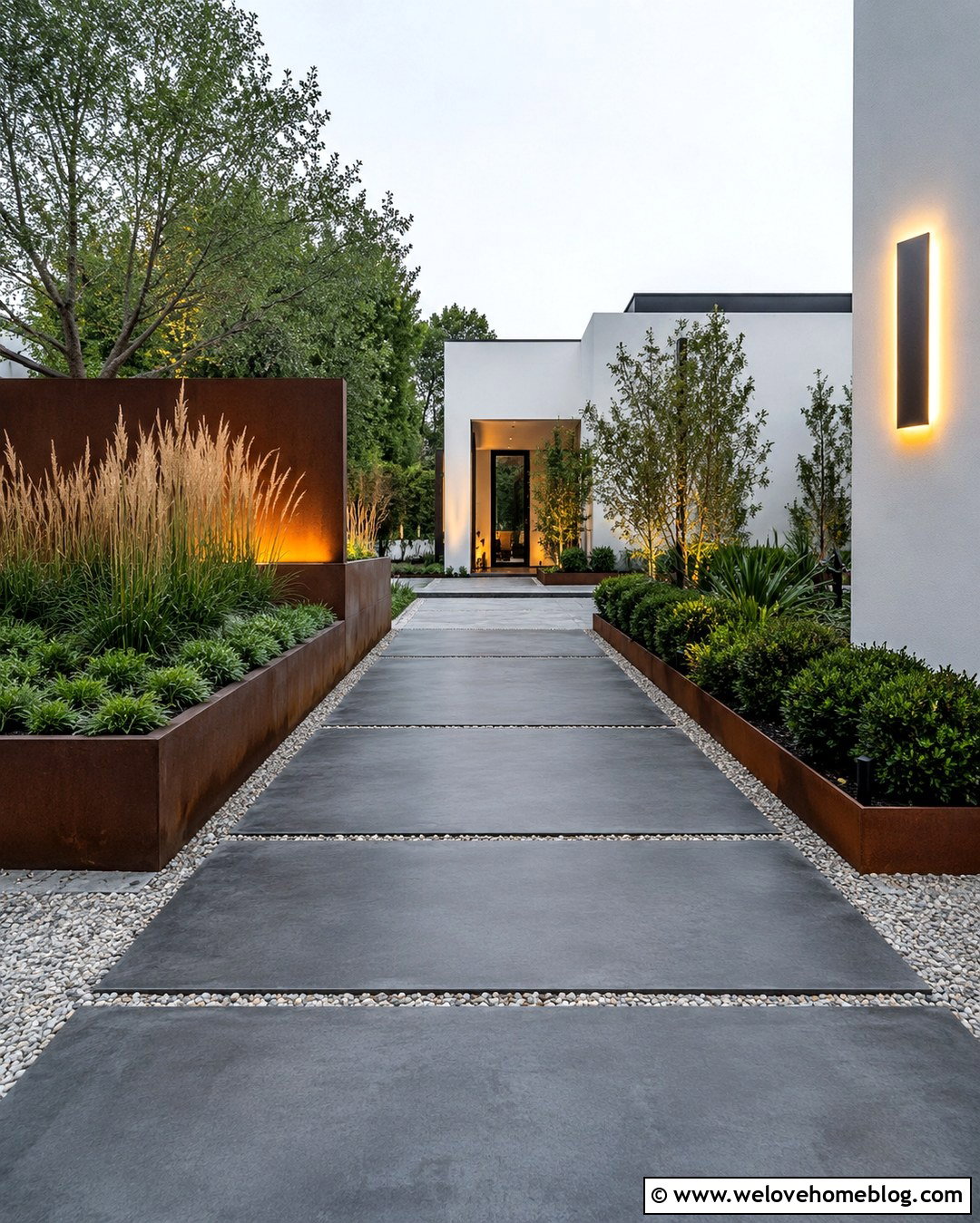 Modern Driveway Planters With Corten Steel - 20 Driveway Decorations Ideas