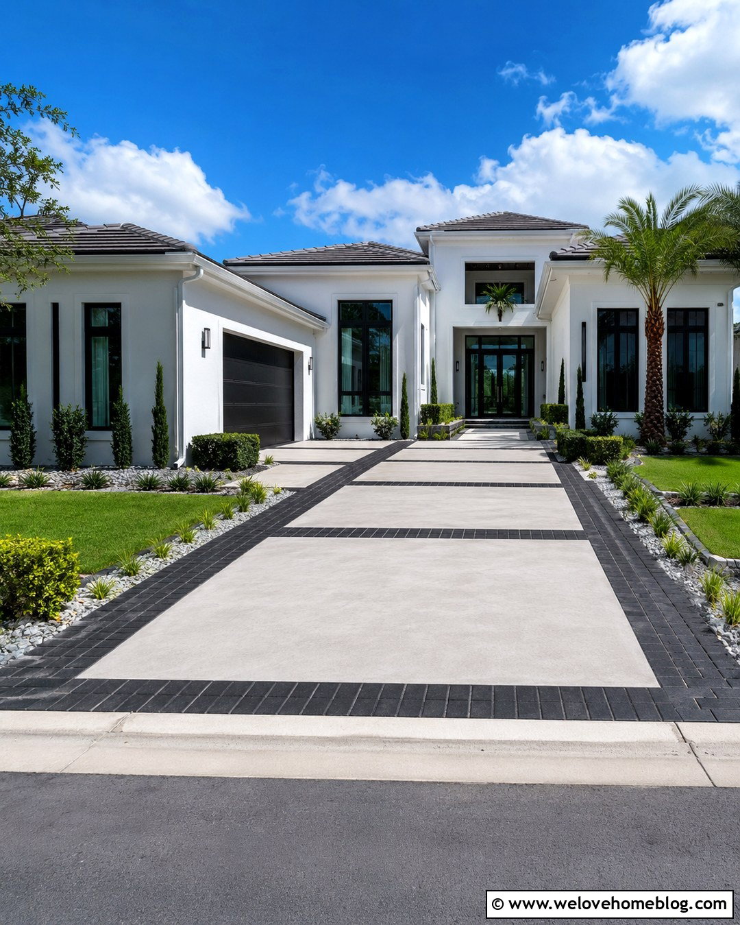 Modern Driveway With Black Paver Side Bands - 20 Widen Driveway With Pavers Ideas