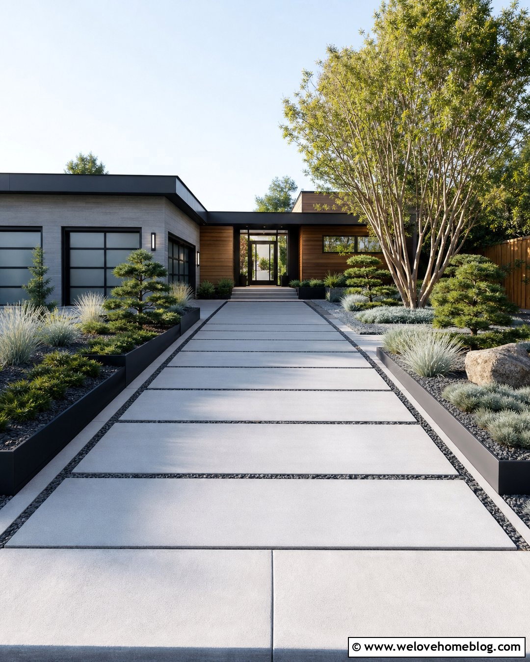 Modern Driveway With Concrete Strips - 40 Front Driveway Landscaping Ideas