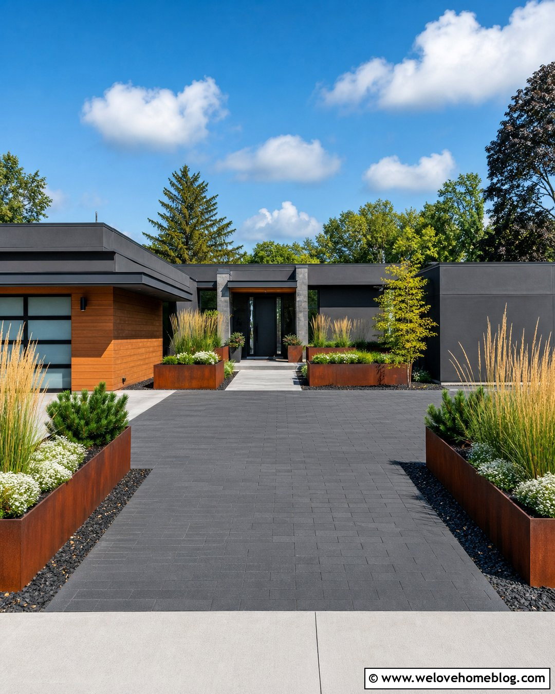 Modern Driveway With Corten Steel Planters - 25 landscaping next to driveway ideas