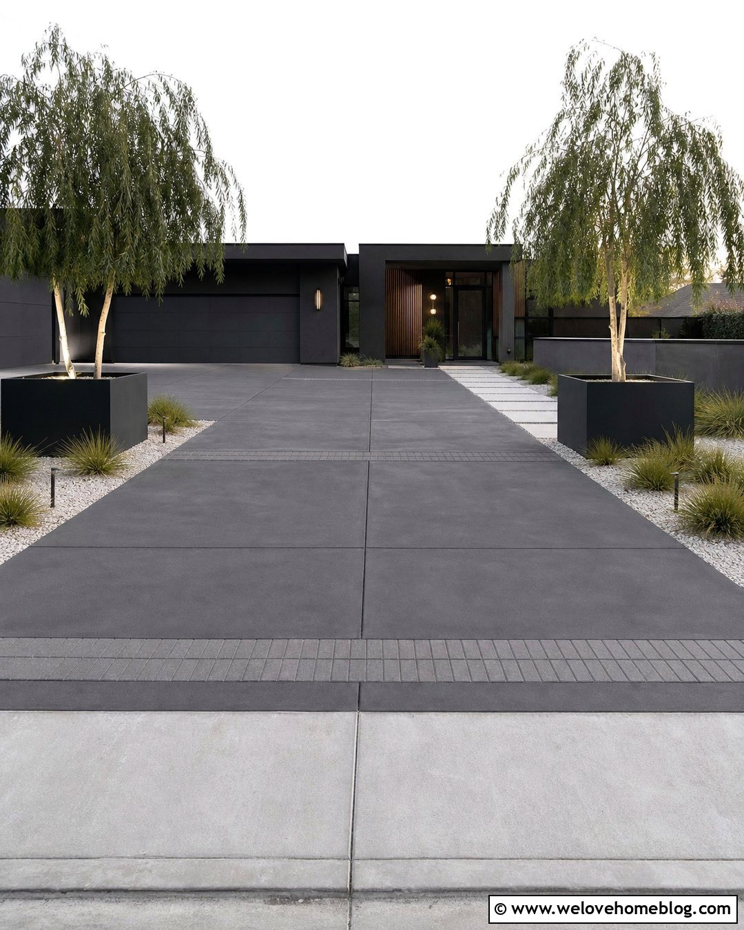 Modern Driveway With Dappled Willow Planters - 25 Willow Tree Driveway Ideas