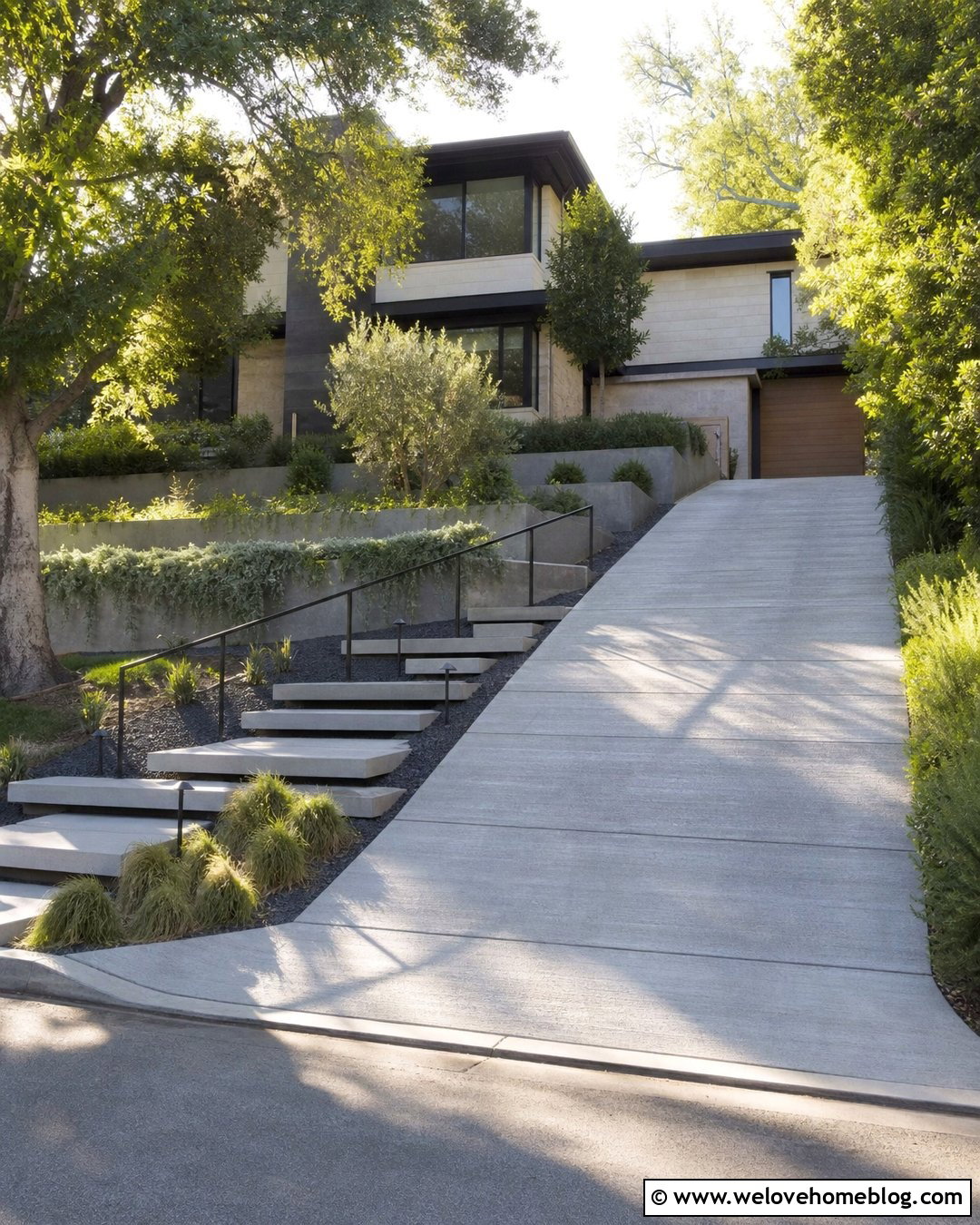 Modern Driveway With Floating Concrete Steps - 25 Driveways Modern Front Yard Landscaping Entrance Ideas