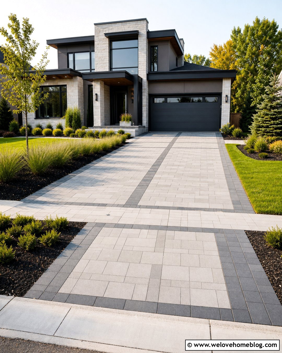 Modern Driveway With Geometric Pavers - 25 Driveway Modern Ideas