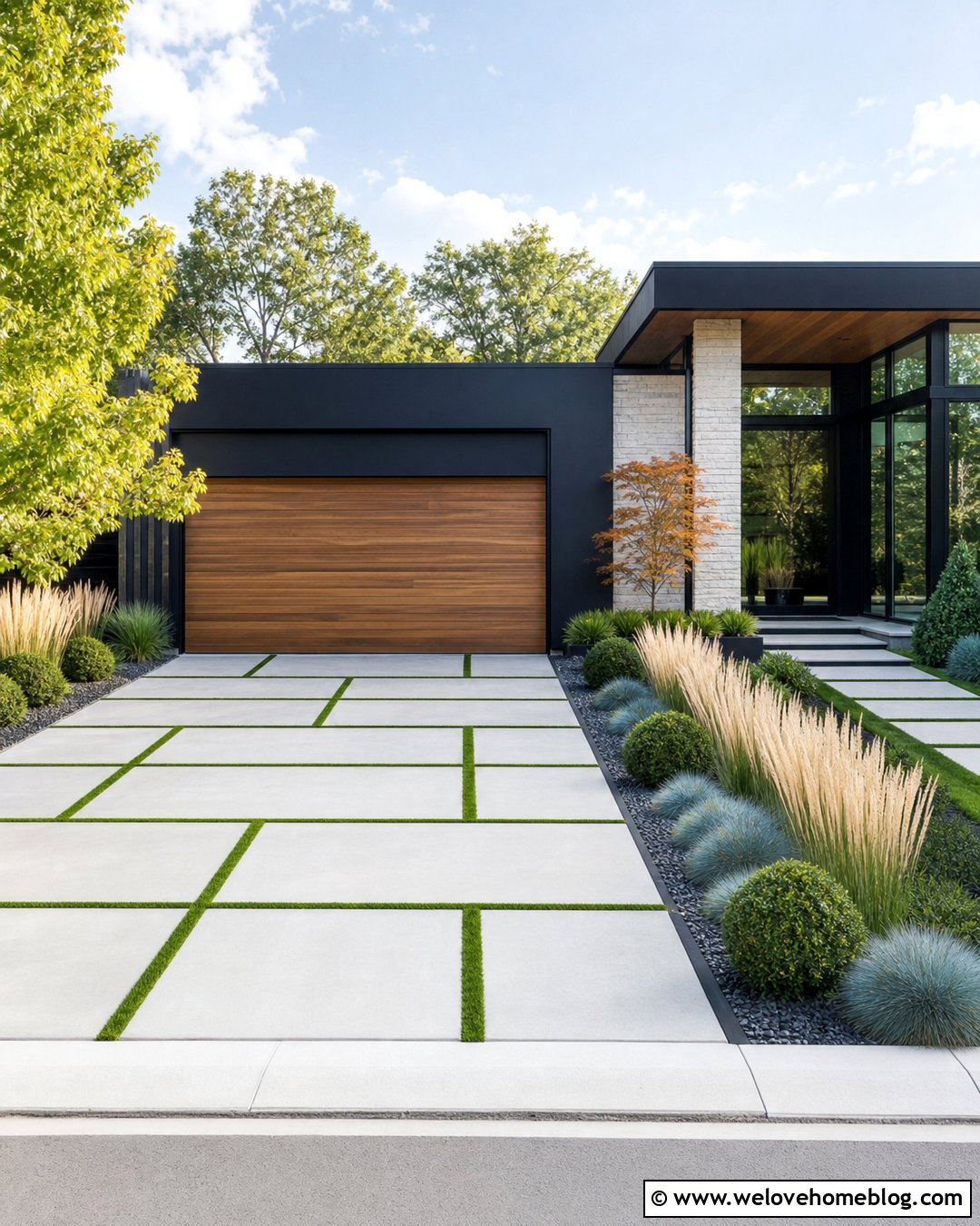 Modern Driveway With Grass Strips And Ornamental Grasses - 25 Front Yard Landscaping Driveway Ideas