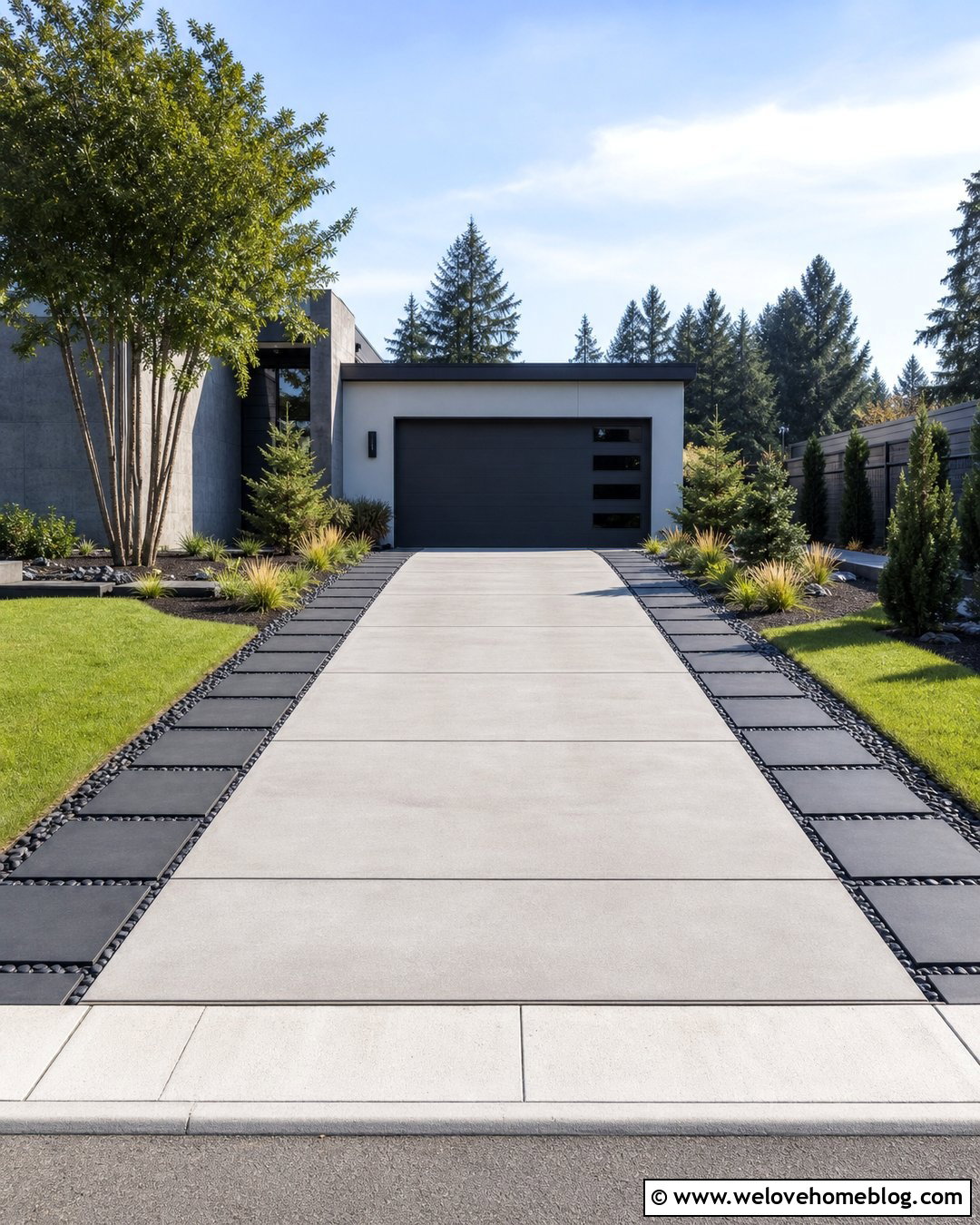 Modern Driveway With Large Format Paver Edge - 20 Paver Edged Driveway Ideas