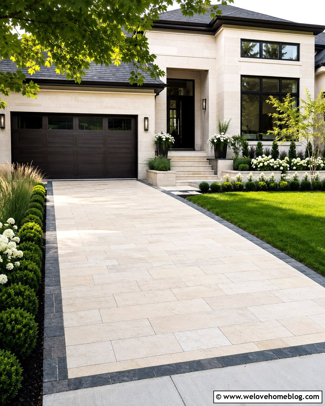Modern Driveway With Limestone And Evergreen Borders