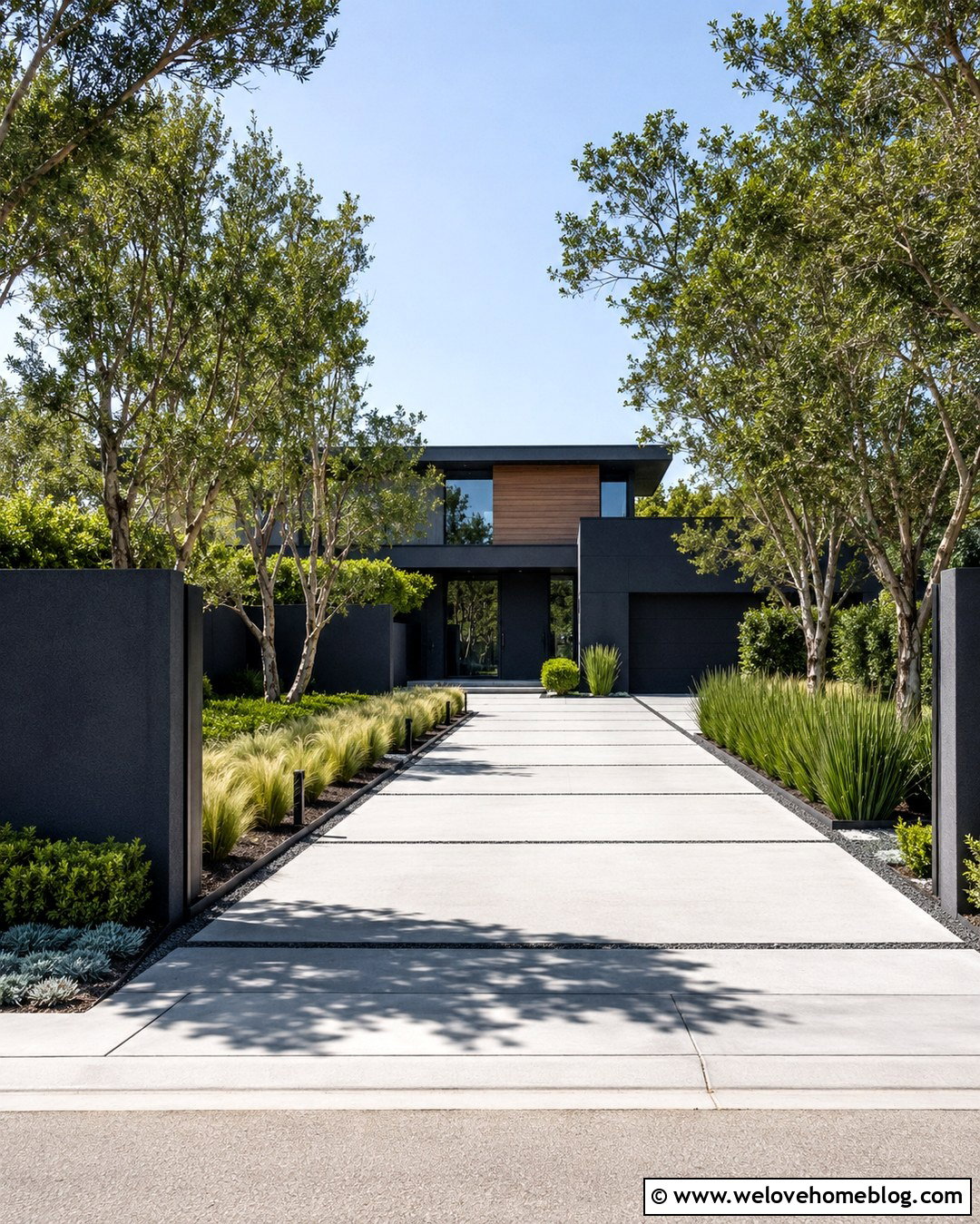 Modern Driveway With Ornamental Grass Borders - 20 long driveway entry landscaping ideas