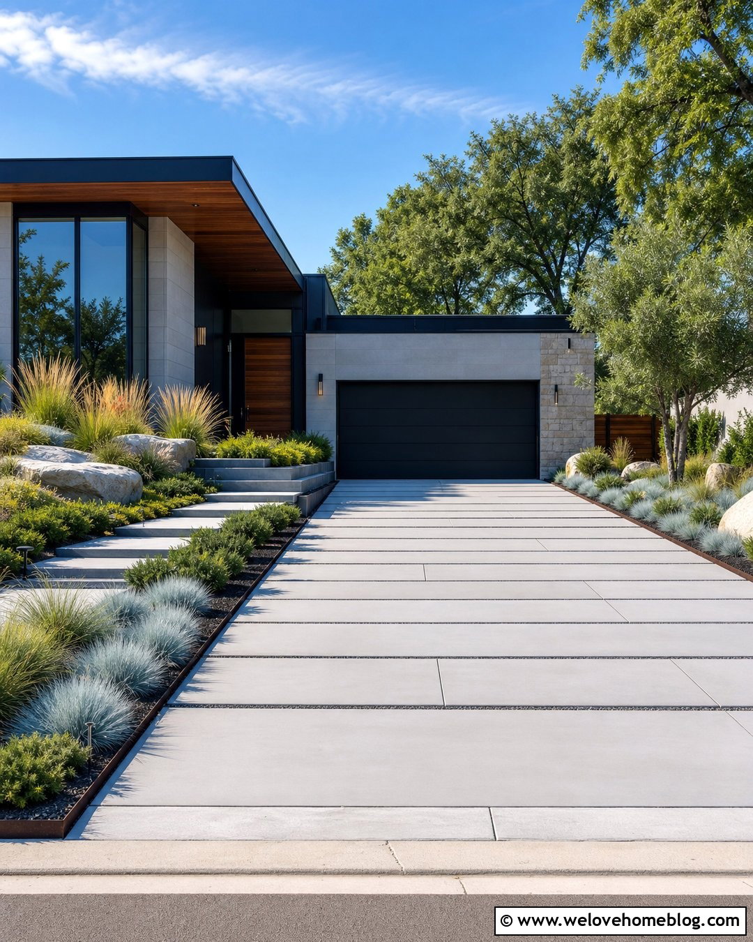 Modern Driveway With Ornamental Grasses - 50 Driveway Landscaping Ideas