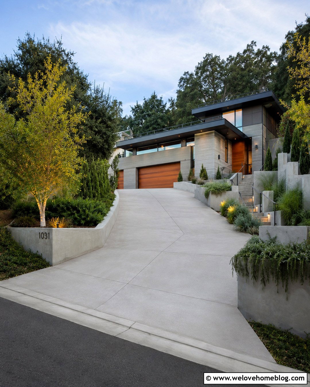 Modern Driveway With Raised Concrete Planters - 20 modern driveway landscaping ideas