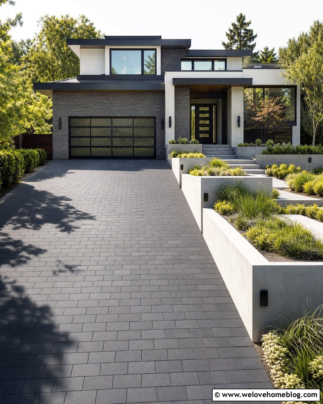 Modern Driveway With Raised Planters