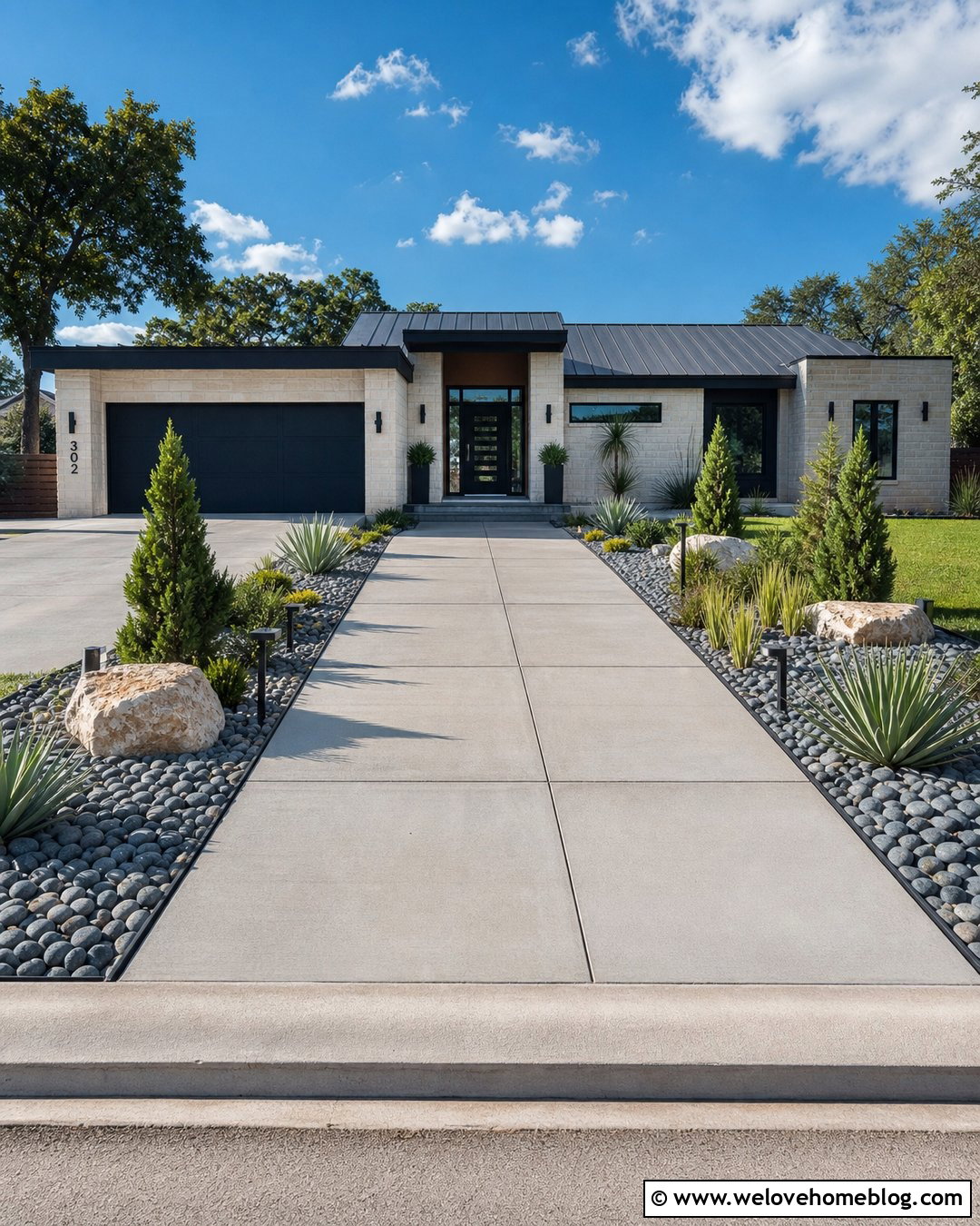 Modern Driveway With River Rock Beds - 40 landscaping along driveway ideas