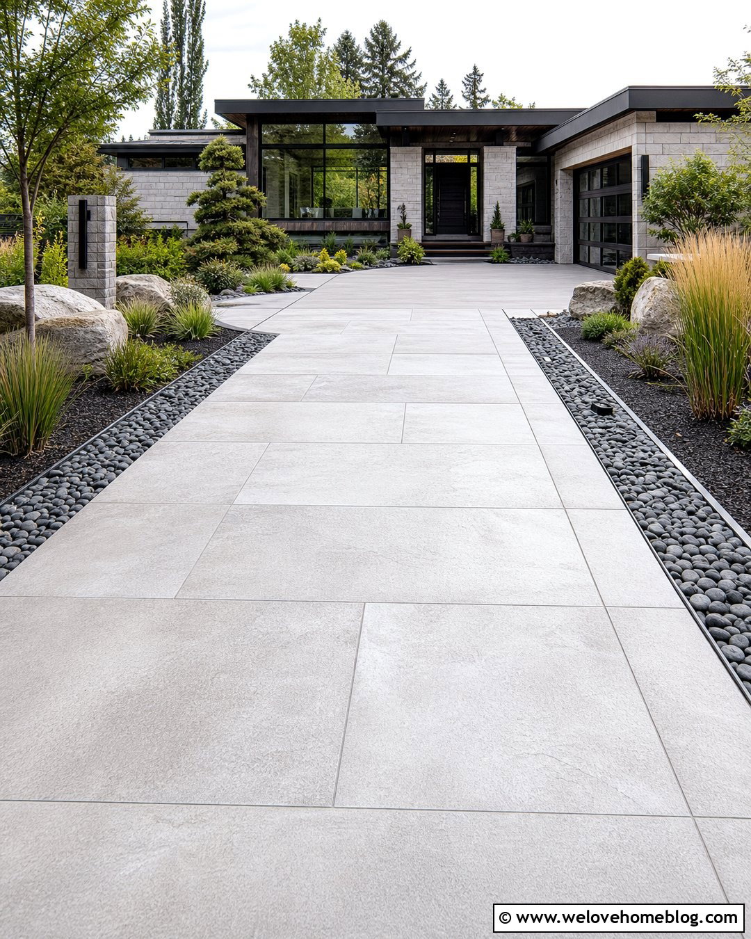 Modern Driveway With River Rock Landscaping - 25 Driveways Modern Front Yard Landscaping Entrance Ideas