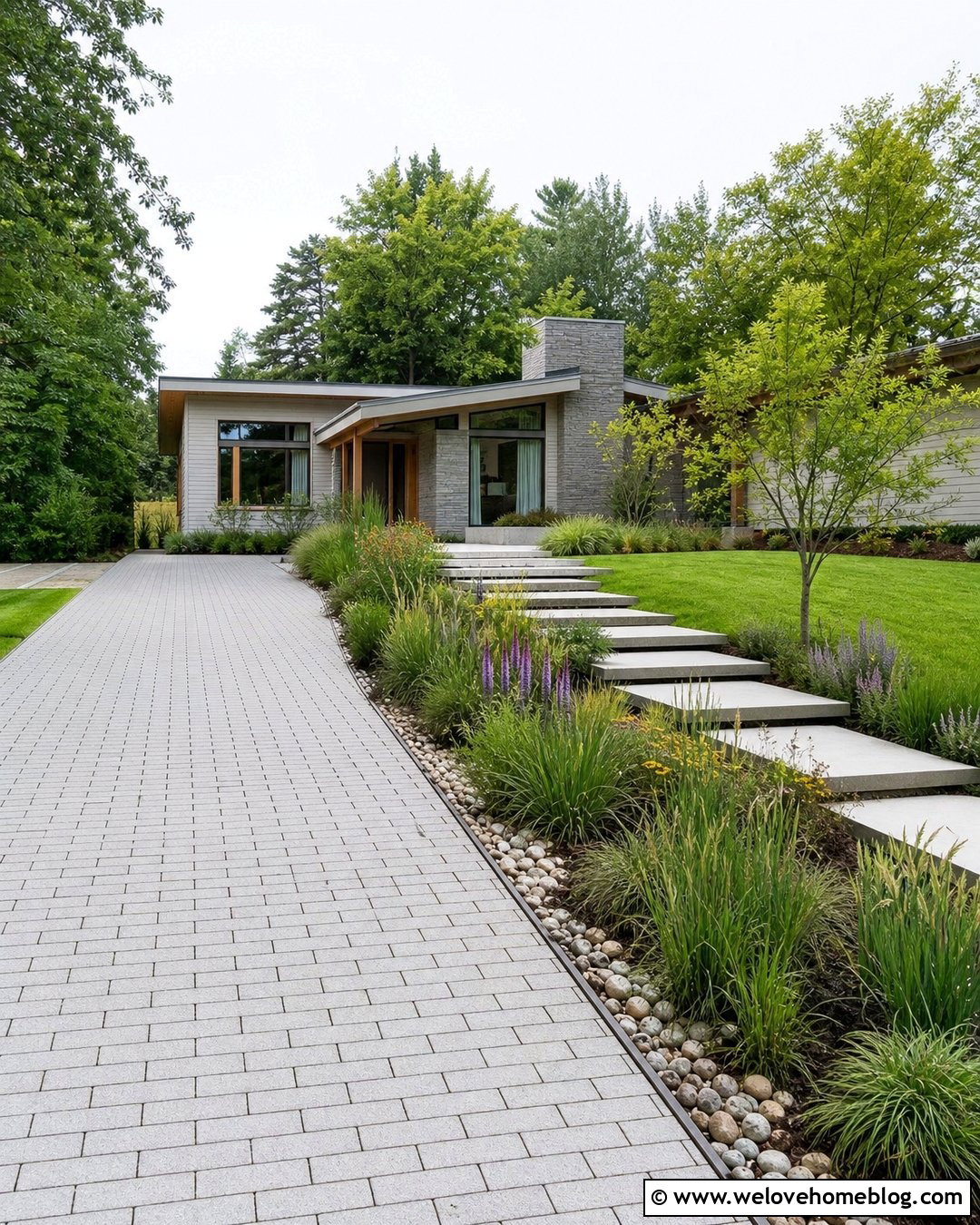 Modern Driveway With a Rain Garden Border - 25 Driveways Modern Front Yard Landscaping Entrance Ideas