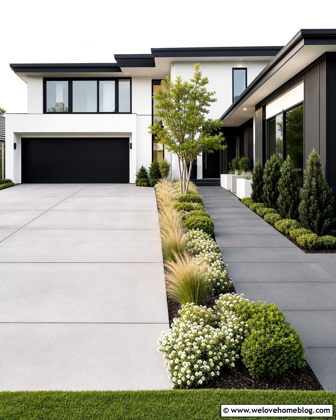Modern Driveway With a Separate Front Walkway - 25 Driveways Modern Front Yard Landscaping Entrance Ideas