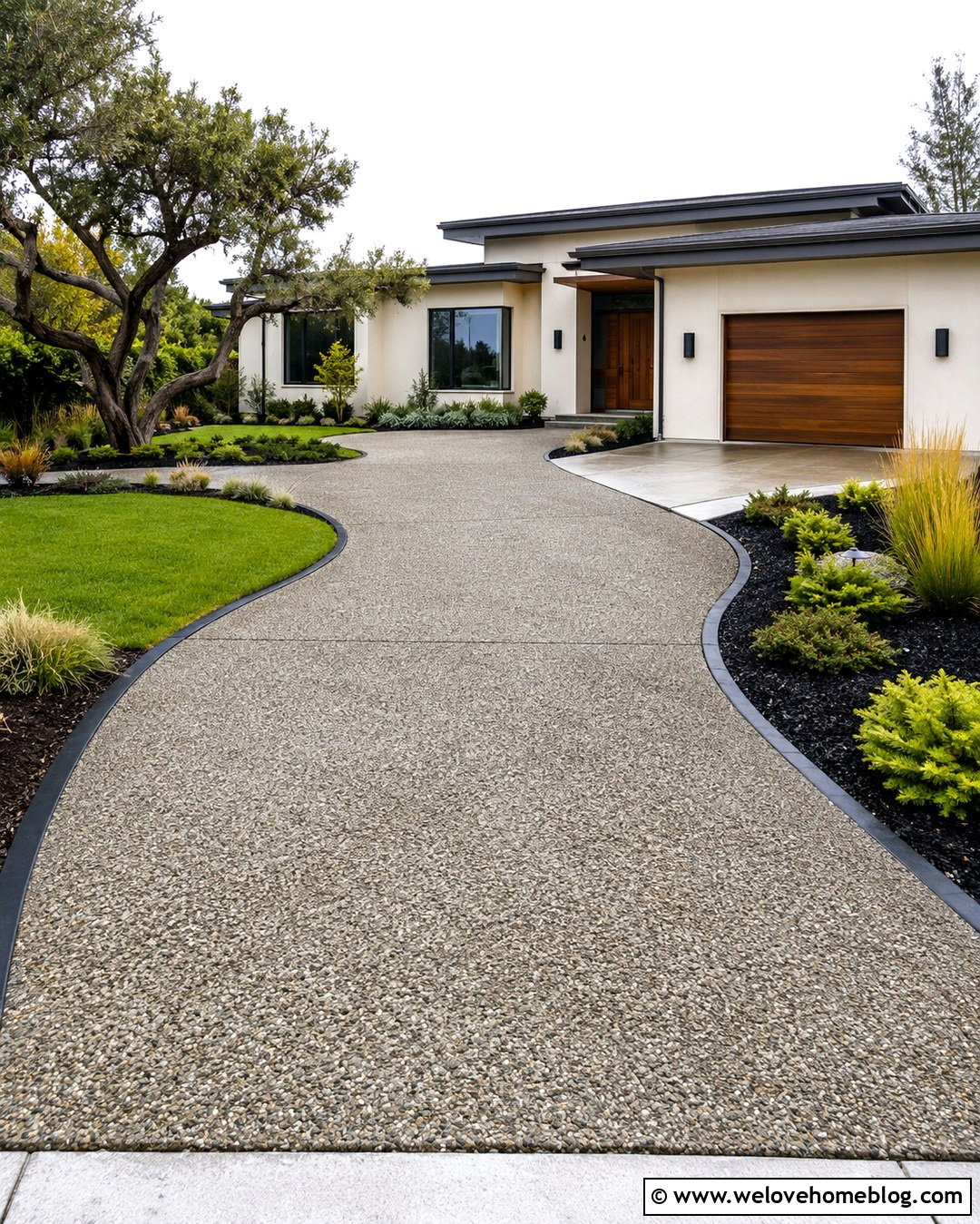 Modern Exposed Aggregate Driveway With Steel Edging - 20 Modern Home Driveway Ideas