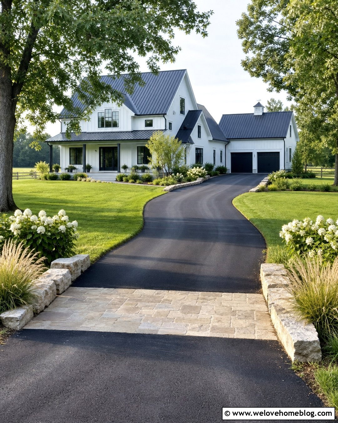 Modern Farmhouse Asphalt Driveway With Stone Edging - 20 Modern Farmhouse Driveway Ideas