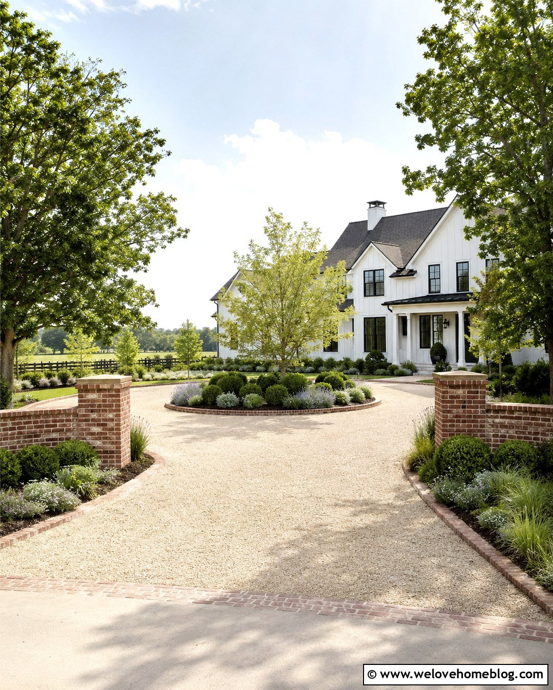 Modern Farmhouse Circular Driveway Entrance With Brick Pillars - 20 modern farmhouse driveway entrance ideas