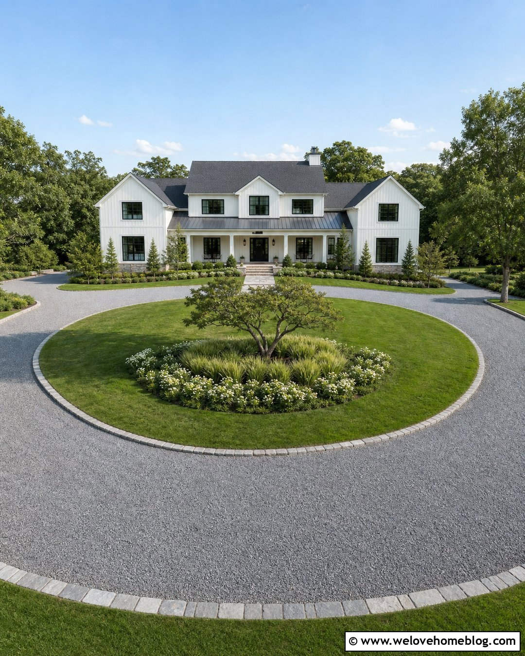 Modern Farmhouse Circular Gravel Driveway - 20 Modern Farmhouse Driveway Ideas