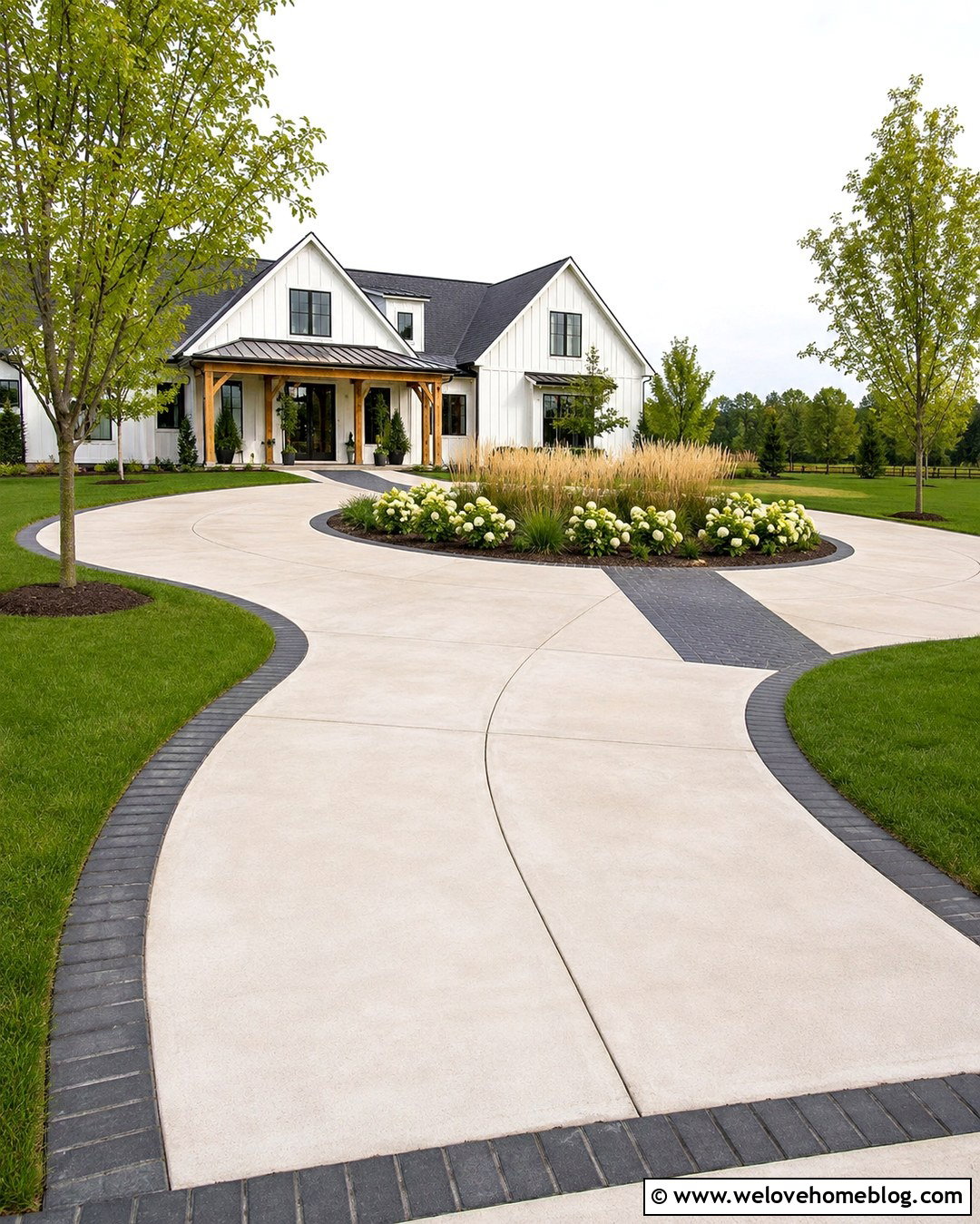 Modern Farmhouse Concrete Circle Driveway With Paver Borders - 20 Farmhouse Circle Driveway Ideas