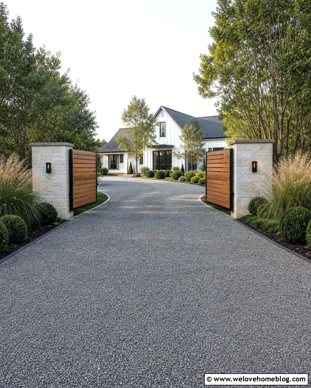 Modern Farmhouse Driveway Entrance With Horizontal Gate