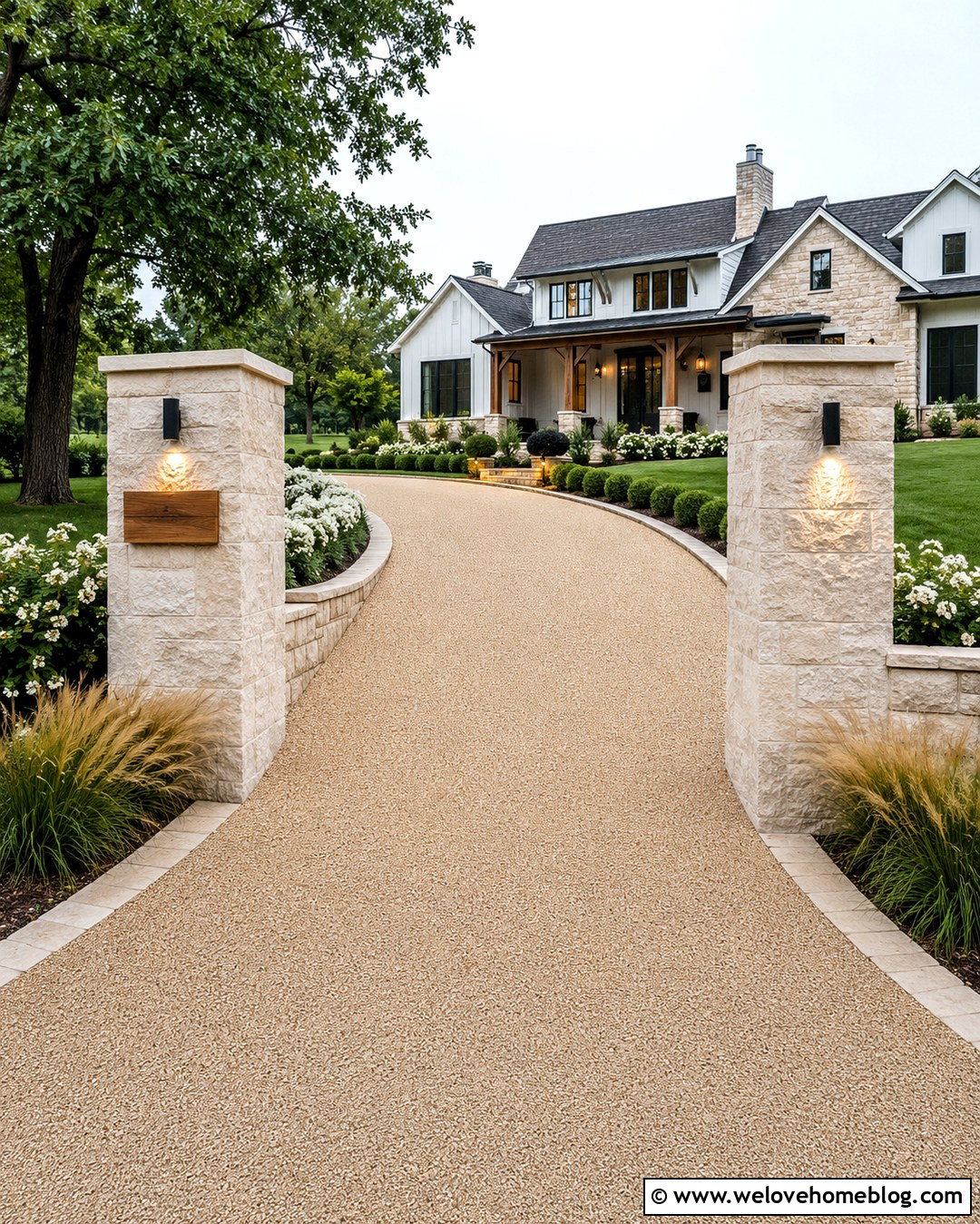 Modern Farmhouse Driveway Entrance With Limestone Columns - 20 modern farmhouse driveway entrance ideas