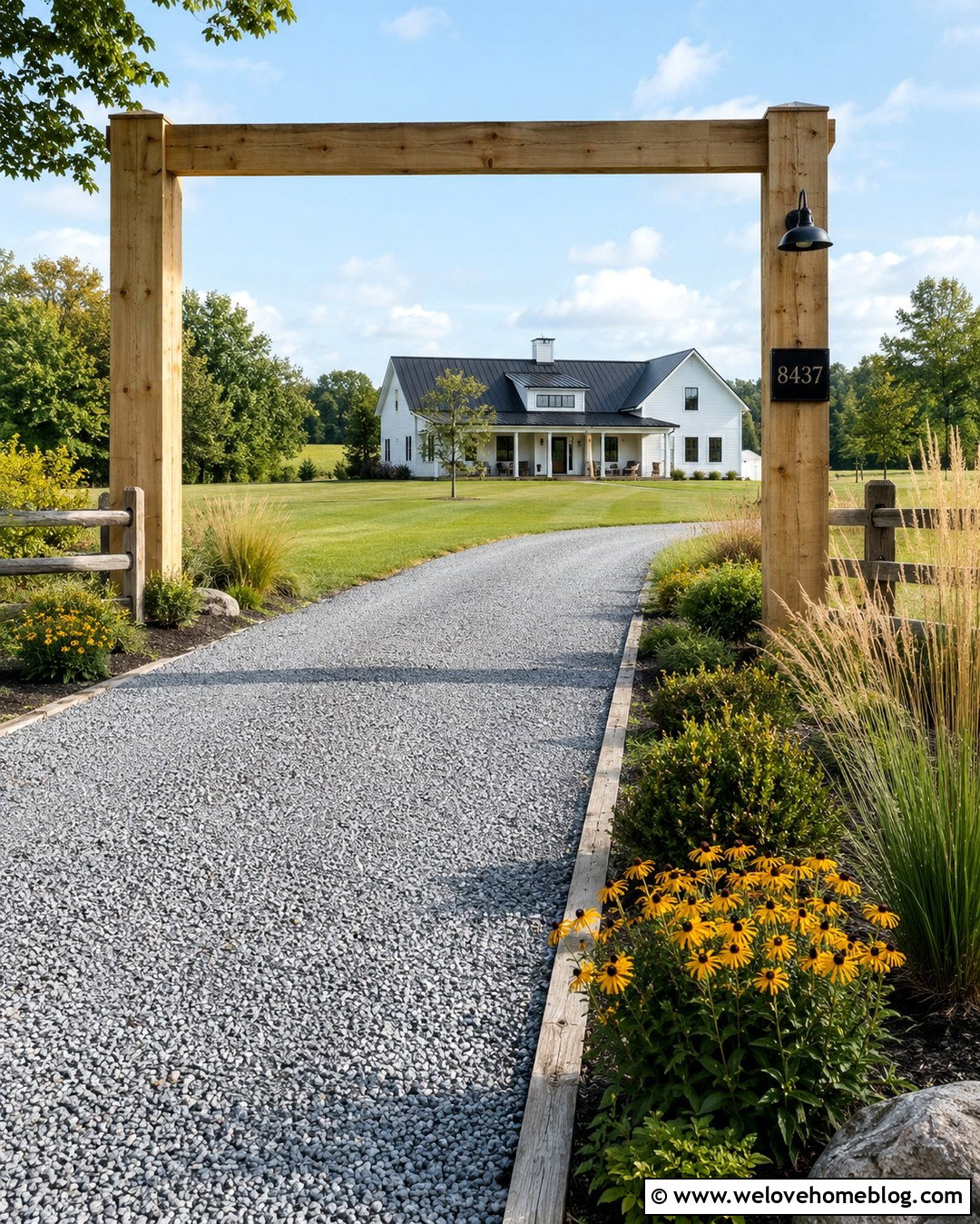 Modern Farmhouse Driveway Entrance With Timber Posts - 20 modern farmhouse driveway entrance ideas