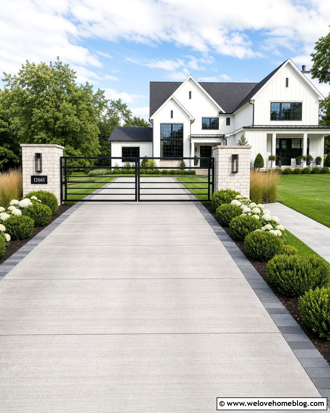 Modern Farmhouse Driveway With Black Metal Gate - 40 Farmhouse Driveway Entrance Ideas