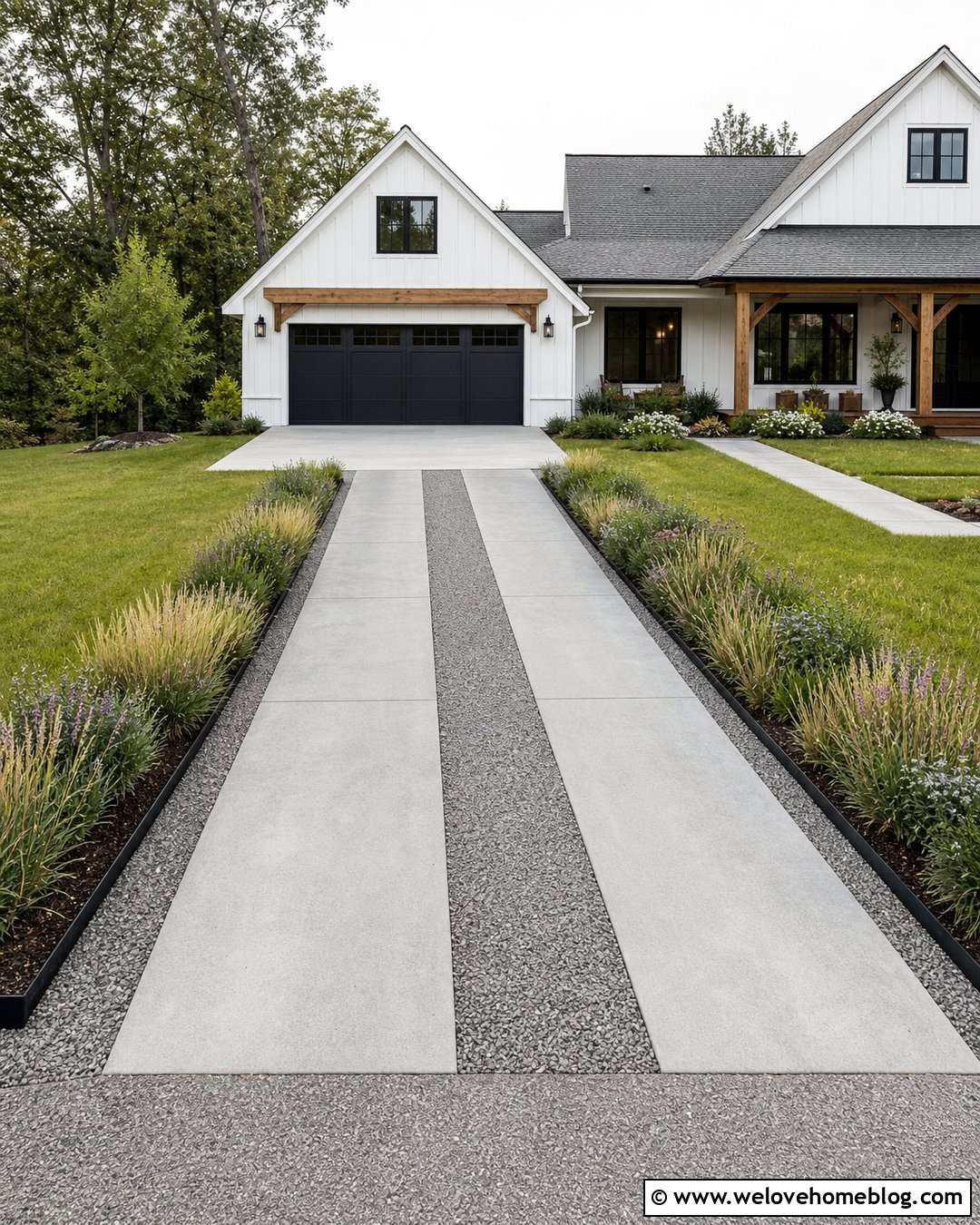 Modern Farmhouse Driveway With Concrete Ribbons - 20 Modern Farmhouse Driveway Ideas