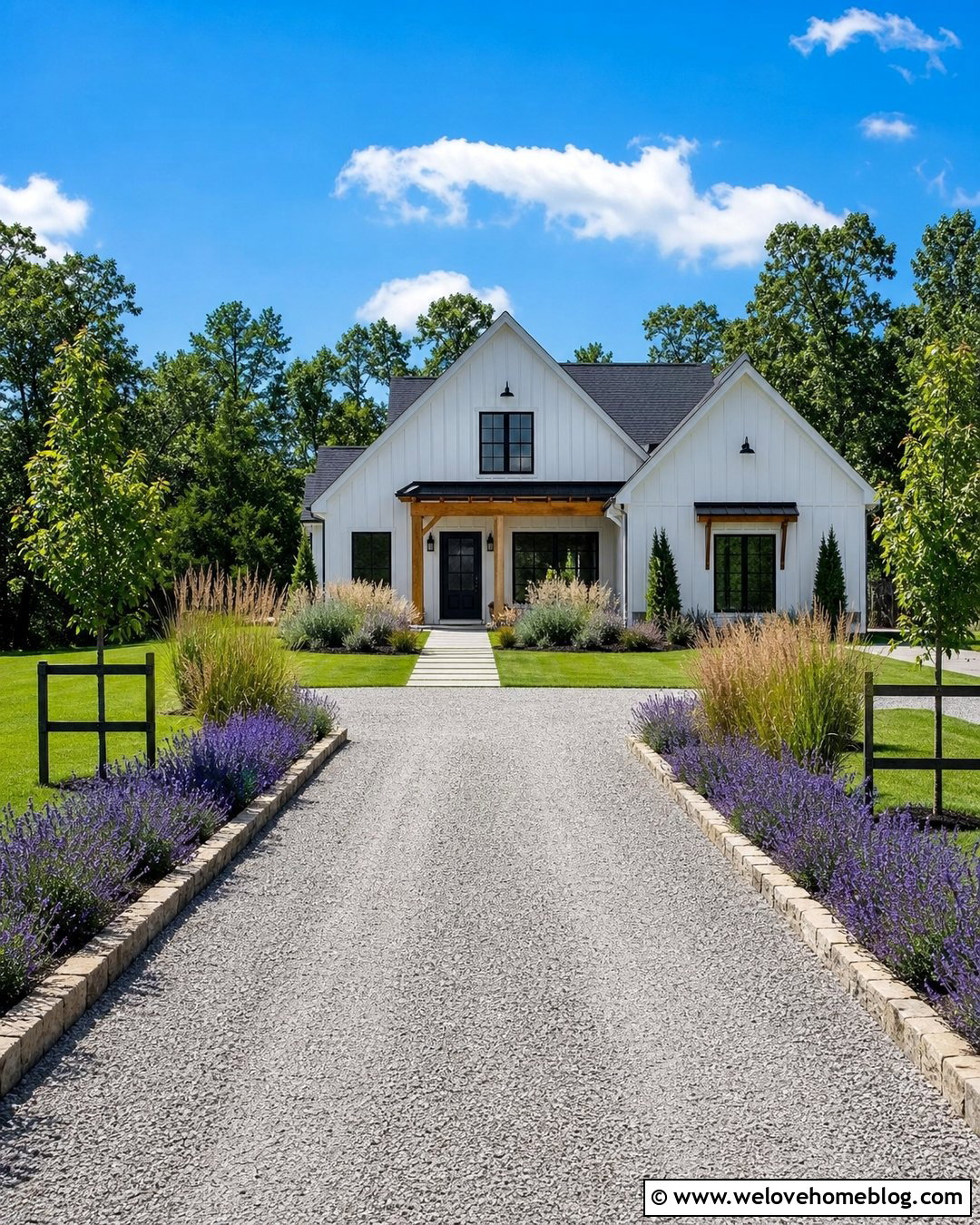 Modern Farmhouse Driveway With Lavender Borders - 20 Modern Farmhouse Driveway Ideas